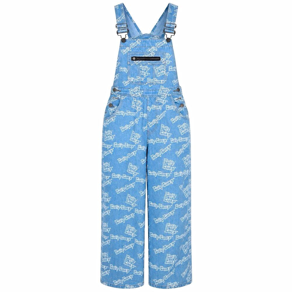 Betty Boop Women's Blue Denim Logo Wide-Leg Overalls Jumpsuit Size M